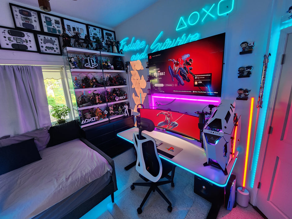 The Monitor Mount You Need For Your UltraWide Screen ft. CamXPetra a bedroom with a bed, desk, and computer