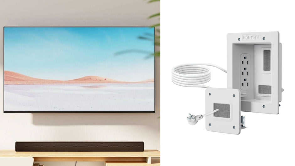 A wall-mounted TV above a media console with no visible wires, next to the Mount-It! In-Wall TV Cable Concealer with Recessed Power: a recessed triple-outlet box, a lower brush plate and a pre-wired power cord.
