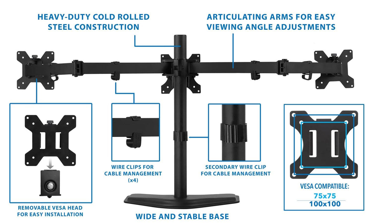 Triple Monitor Stand | 19" to 27" Screen Sizes 19-27 Inch Monitors Monitor Stands - Triple Monitor Stand | 19" to 27" Screen Sizes - Mount-It! - MI-2789