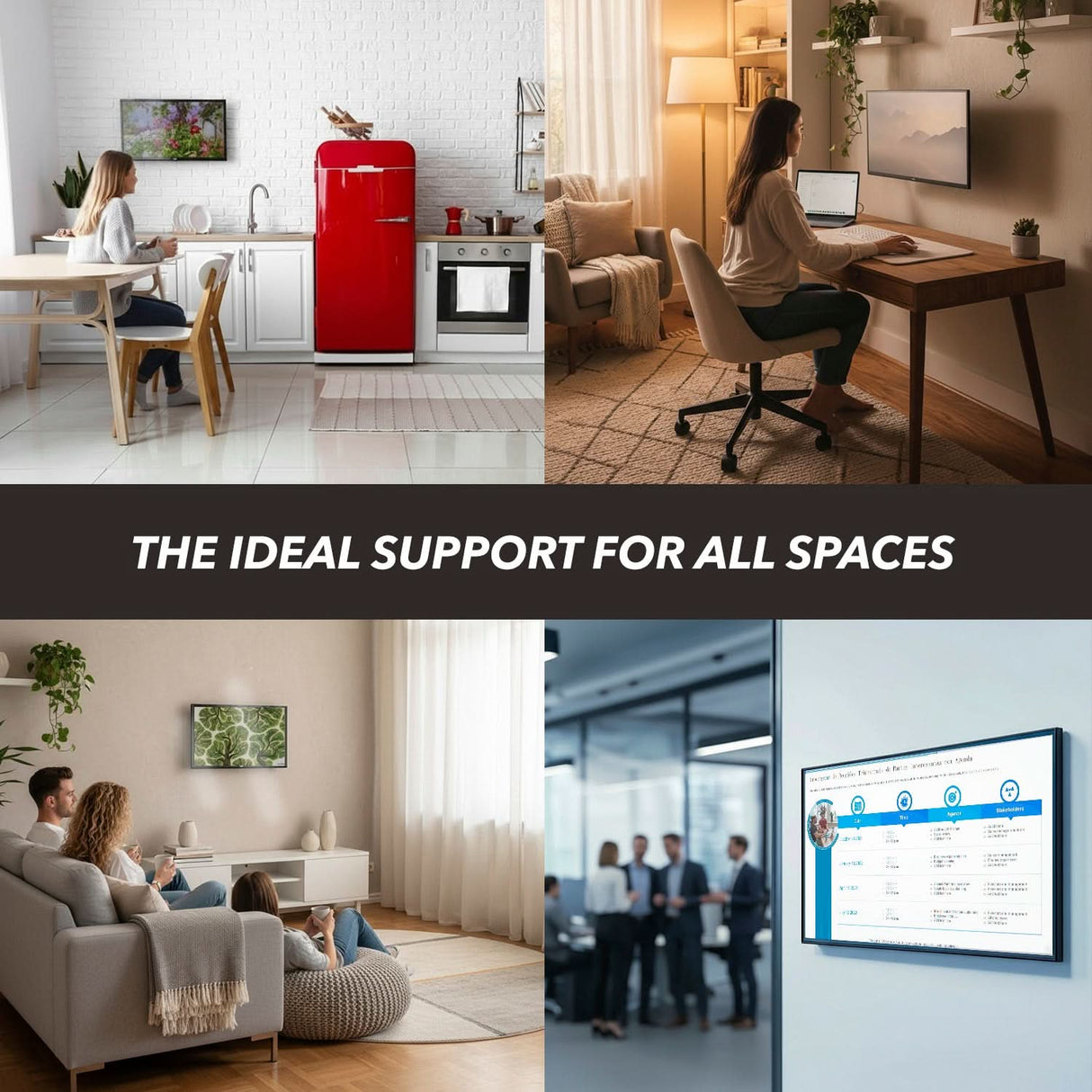 Tilting TV Wall Mount A collage shows four scenes: a woman in a bright kitchen, a woman at a home office desk, a family on their living room couch, and an office using the Mount-It! Tilting TV Wall Mount. Text reads THE IDEAL SUPPORT FOR ALL SPACES.