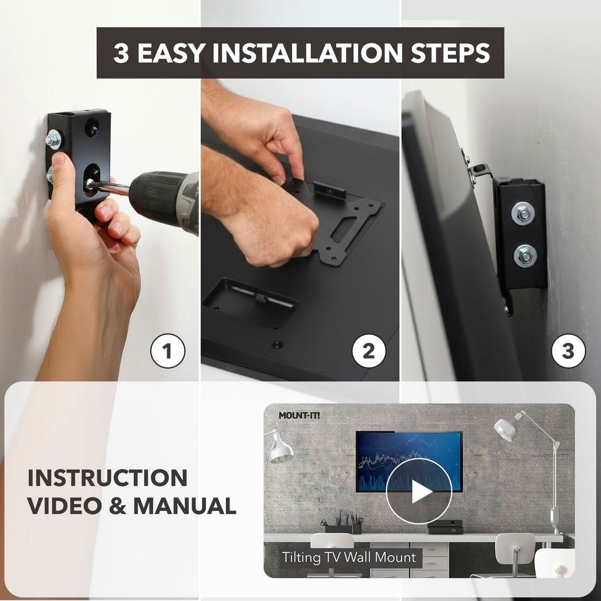 Tilting TV Wall Mount Mount-It! Tilting TV Wall Mount installs in three steps: drill bracket to wall, attach mount to TV, hook your 32-inch TV onto the wall plate. Promo for instruction video and manual included at bottom.
