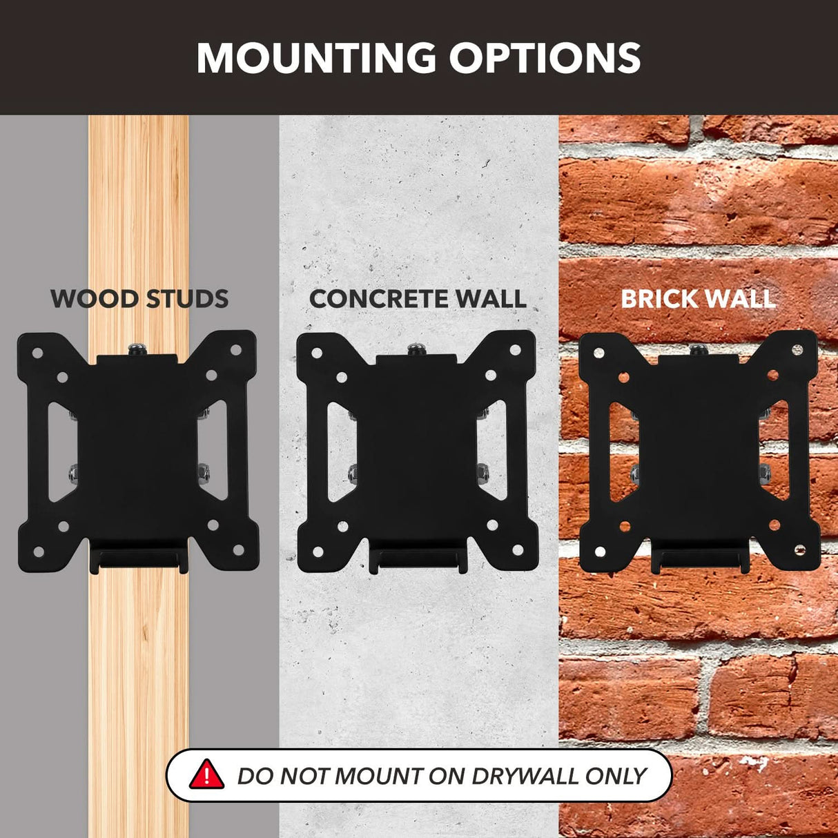 Tilting TV Wall Mount Diagram showing Mount-It! Tilting TV Wall Mount installation options for wood studs, concrete, and brick walls. Includes a warning not to mount on drywall alone. Suitable for 32-inch TVs or low-profile mounts, with each option clearly illustrated.