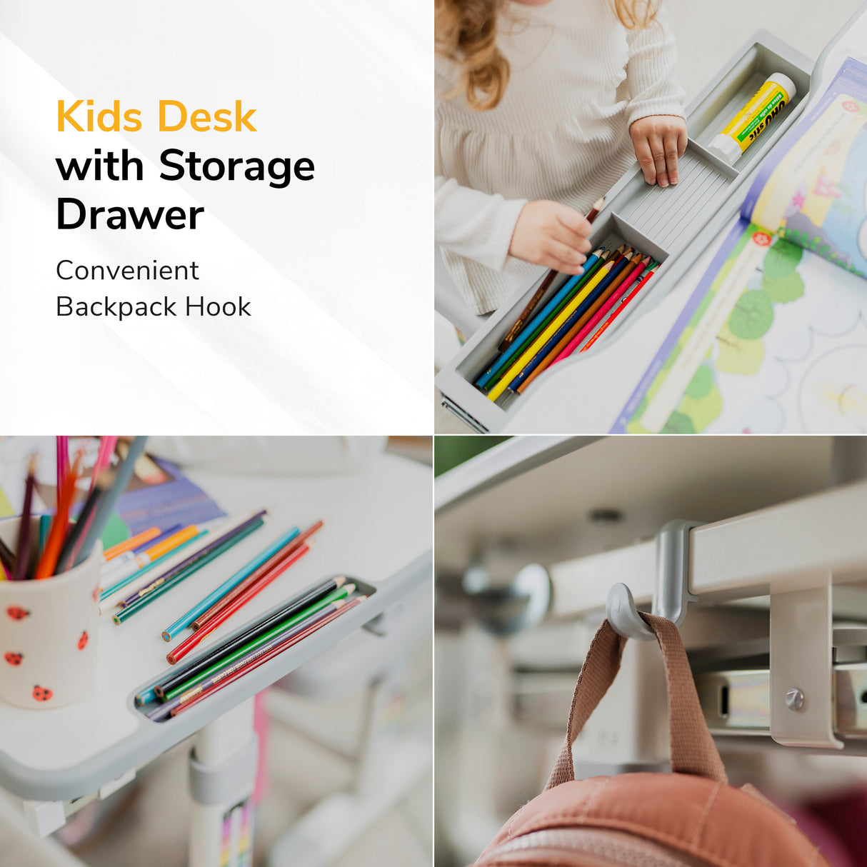 Collage of the Mount-It! Kids Desk and Chair Set for Ages 3-10, featuring height adjustability, a storage drawer with colored pencils, a child organizing it, and a close-up of the backpack hook. Text highlights key desk features.