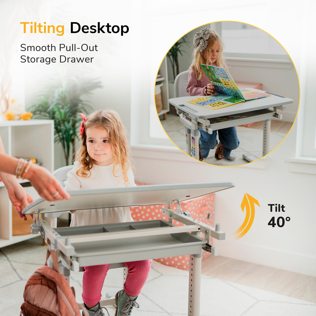 A woman tilts the Mount-It! Kids Desk and Chair Set for Ages 3-10 with a smooth pull-out storage drawer, while a girl sits nearby. Inset shows another girl reading at the 40° tilted desktop.