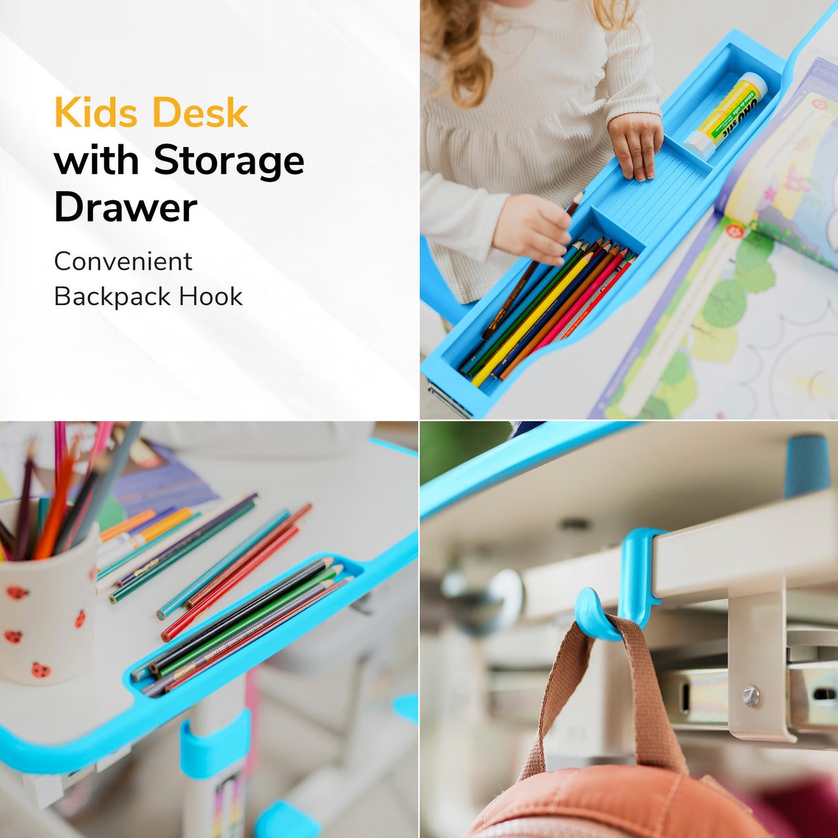 Collage featuring the Mount-It! Kids Desk and Chair Set for Ages 3-10 with a blue drawer storing colored pencils, a child using the drawer, close-up of pencils in the desk, and a handy hook holding a backpack.