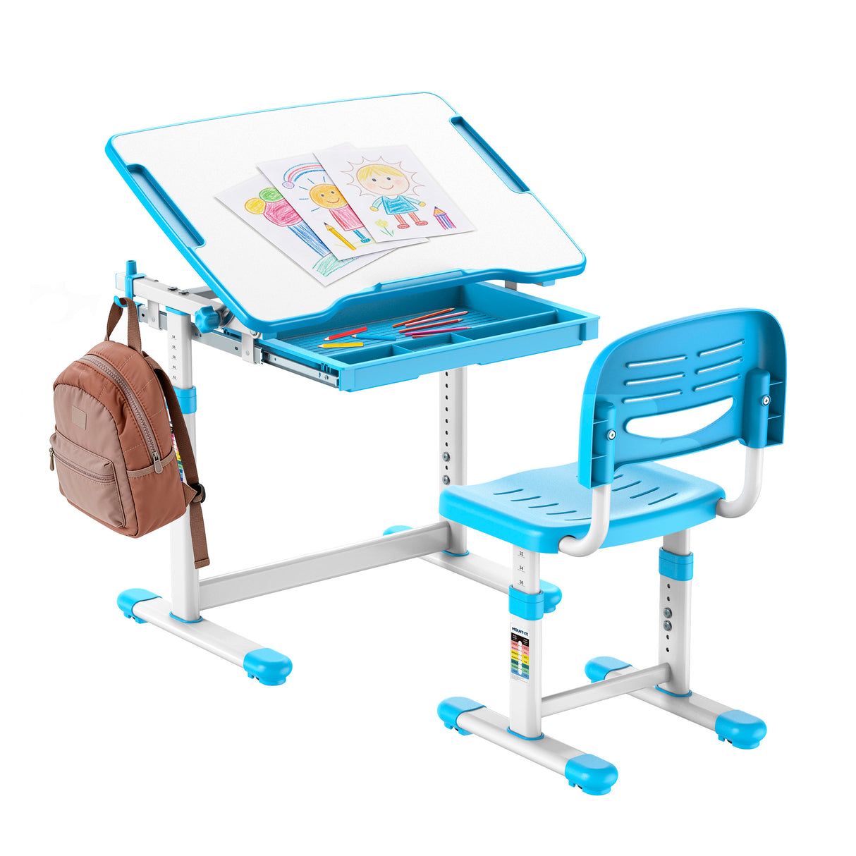 The Mount-It! Kids Desk and Chair Set for Ages 3-10 in blue and white features a height-adjustable, tilting desktop with drawings, an open drawer of colored pencils, and a brown backpack hanging on the side.