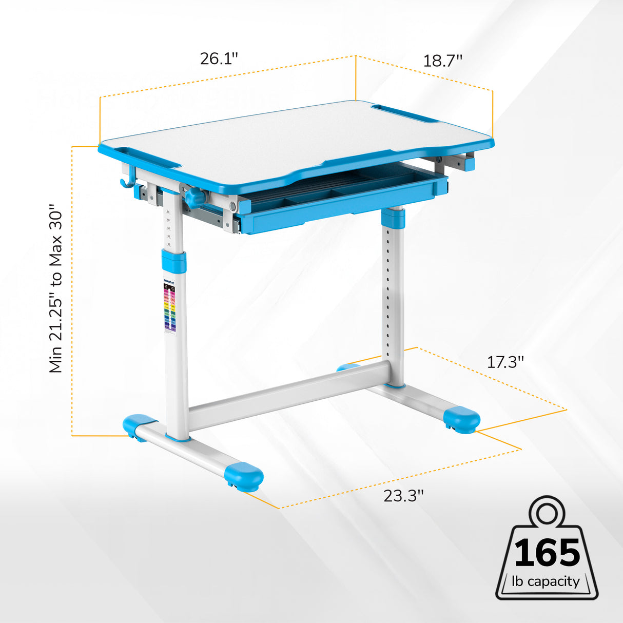 The Mount-It! Kids Desk and Chair Set for Ages 3-10 features an adjustable-height blue and white desk with a tilting desktop, dimensions 26.1"W x 18.7"D, height from 21.25" to 30", leg width 23.3", depth 17.3", and a weight capacity of 165 lbs.