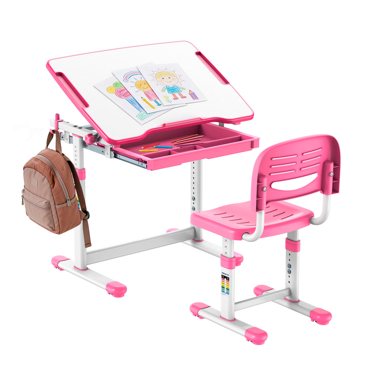 The Mount-It! Kids Desk and Chair Set for Ages 3-10 is pink and white, with a height adjustable, tilting desktop, art supplies drawer, cartoon artwork, and a brown backpack hanging on the side.