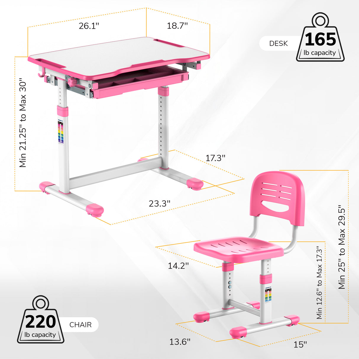 The Mount-It! Kids Desk and Chair Set for Ages 3-10 features a pink and white adjustable desk (21.25–30”, supports 165 lbs) with tilting desktop, and chair (12.6–17.3”, supports 220 lbs), both with cute pink accents on white frames.