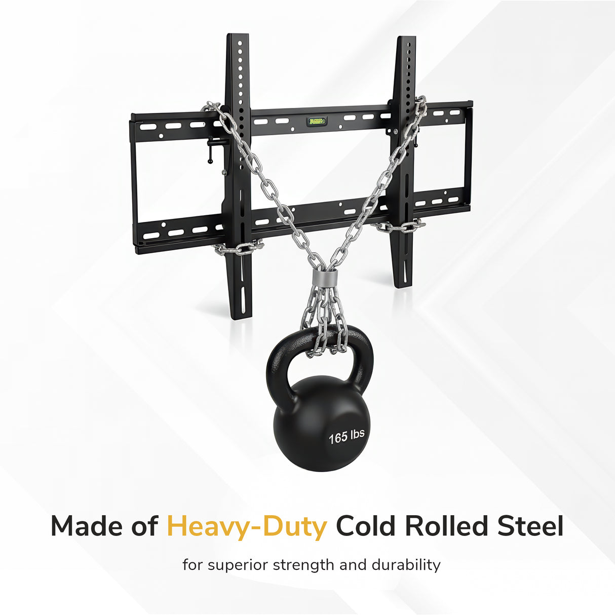 The Mount-It! Tilting TV Wall Mount holds a 165 lb black kettlebell with chains, showcasing its strength. Made of heavy-duty cold rolled steel for superior durability, it features a slim profile and tilt function.