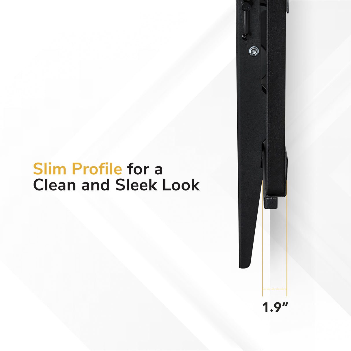 Side view of the Mount-It! Tilting TV Wall Mount in black on a white background, showcasing its slim 1.9-inch profile. Text: Slim Profile for a Clean and Sleek Look.