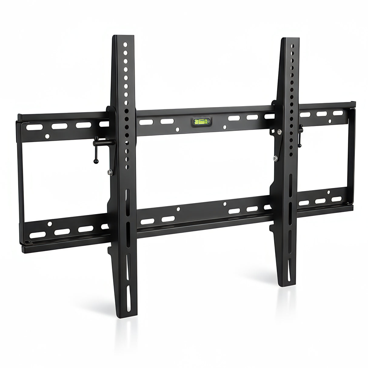 The Mount-It! Tilting TV Wall Mount in black features a slim profile, multiple adjustment holes, and an integrated top-center bubble level for secure, stylish flat-screen TV installation.