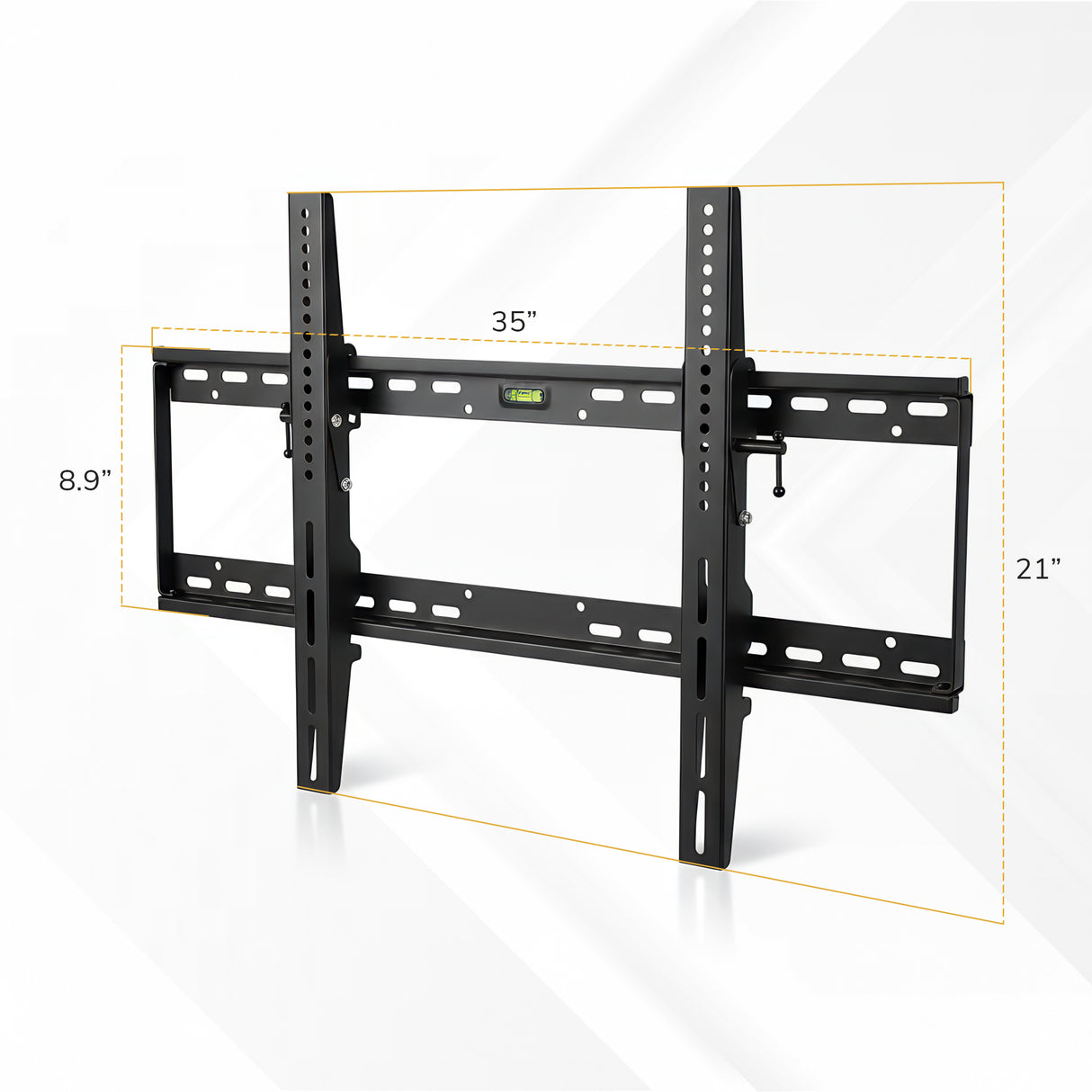 The Mount-It! Tilting TV Wall Mount is a black bracket with vertical and horizontal support bars, measuring 35" wide, 21" tall, and spaced 8.9" between brackets, shown on a white background.
