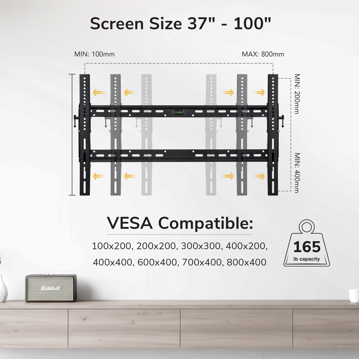 Mount-It! Tilting TV Wall Mount bracket diagram for 37–100" TVs, showing adjustable arms, slim profile, VESA 100x200–800x400 compatibility, tilt feature, 165 lb capacity, measurement ranges, and installation shelf.
