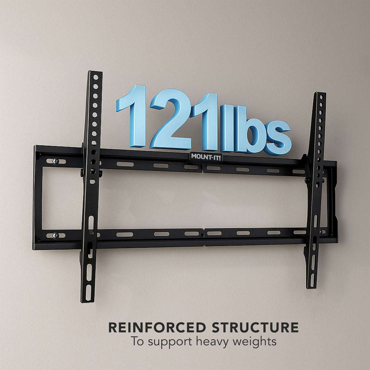 Low Profile Tilt TV Wall Mount Close-up of Mount-It! TV wall mount with 3D text “121 lbs” resting on top, highlighting reinforced structure for heavy weight support.