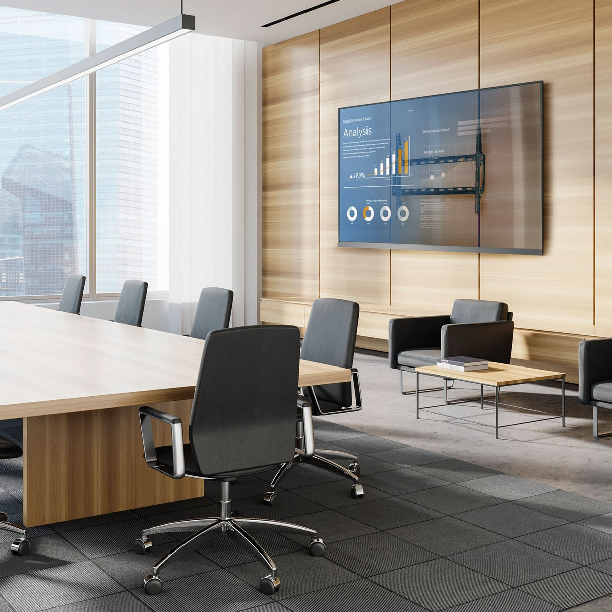 Low Profile Tilt TV Wall Mount Wall-mounted TV display with data analytics screen in a modern conference room featuring wood panel walls, rolling office chairs, and natural light.