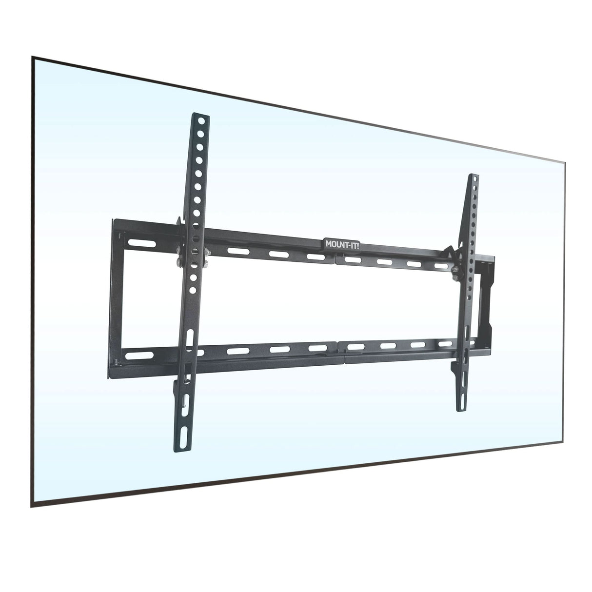 Low Profile Tilt TV Wall Mount Mount-It! Low Profile Tilt TV Wall Mount securely attached to a flat-screen TV, showcasing its slim 1-inch profile designed to hold TVs from 37 to 80 inches with up to 121 lbs support, featuring tool-free tilt adjustment for reducing glare and improving viewing angles, made from durable steel with compatibility for various VESA patterns, ideal for a clean, space-saving installation in residential or commercial settings.