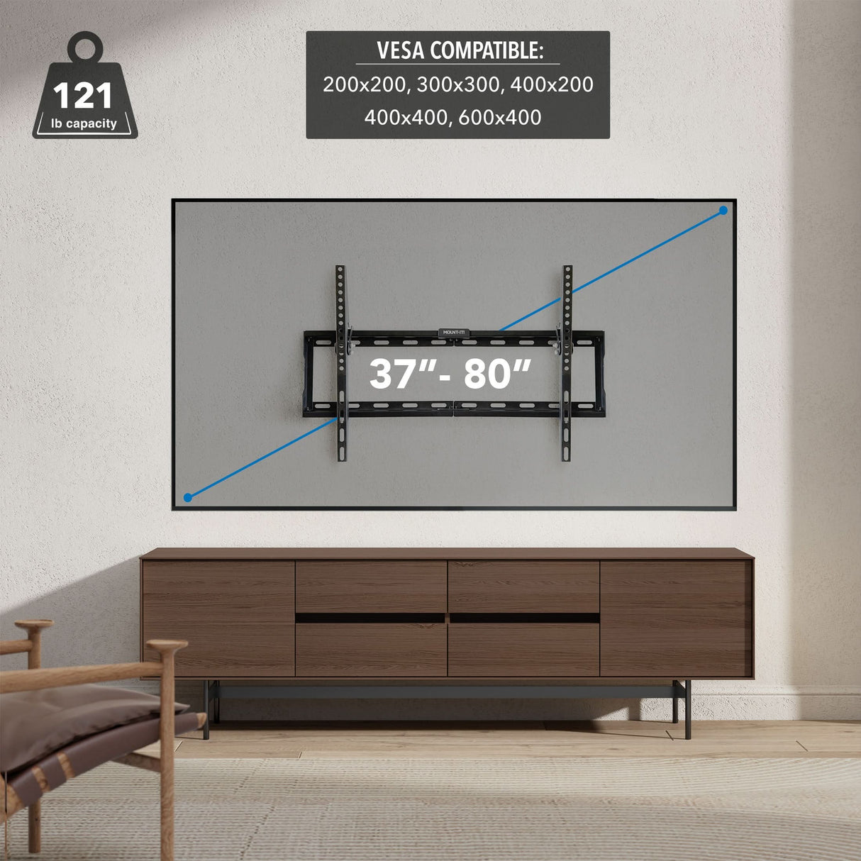 Low Profile Tilt TV Wall Mount TV wall mount installed on wall in modern living room, displaying 37"–80" screen compatibility and 121 lb weight capacity, with VESA patterns listed above.