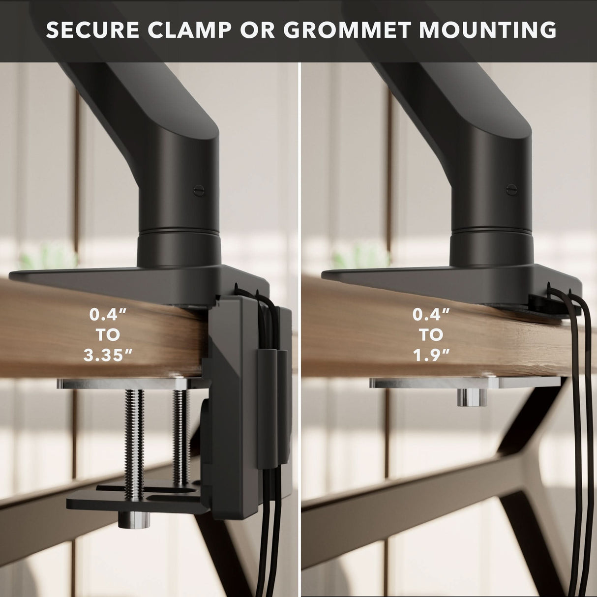 Heavy-Duty Monitor Mount with Gas Spring Arm Side-by-side close-ups of the Mount-It! Heavy-Duty Monitor Mount with Gas Spring Arm show clamp mounting on the left and grommet mounting on the right, each labeled with their respective thickness ranges.