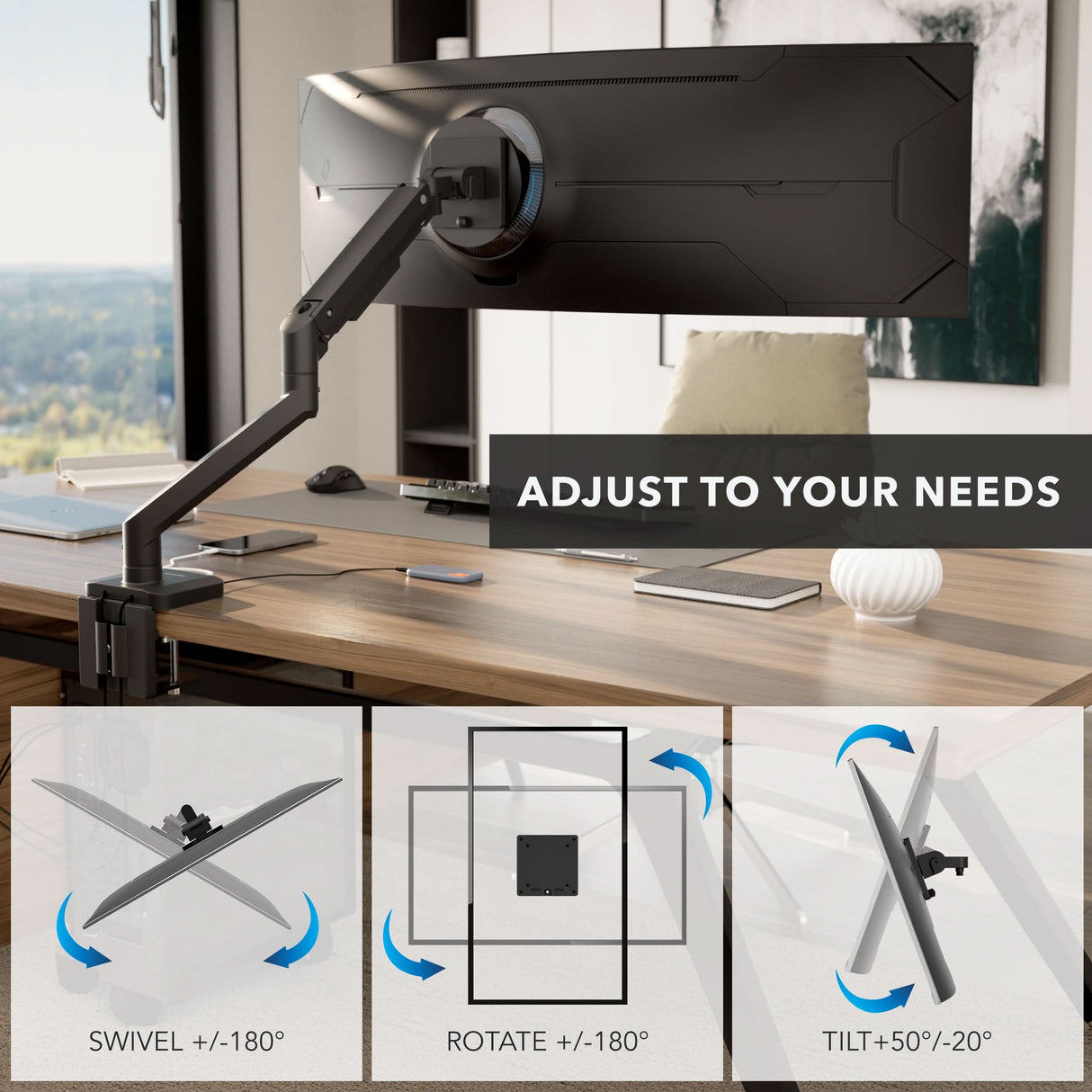 Heavy-Duty Monitor Mount with Gas Spring Arm A large computer display on the Mount-It! Heavy-Duty Monitor Mount with Gas Spring Arm above a desk, showing swivel (±180°), rotate (±180°), and tilt (+50°/–20°) functions. Text: “ADJUST TO YOUR NEEDS.”.