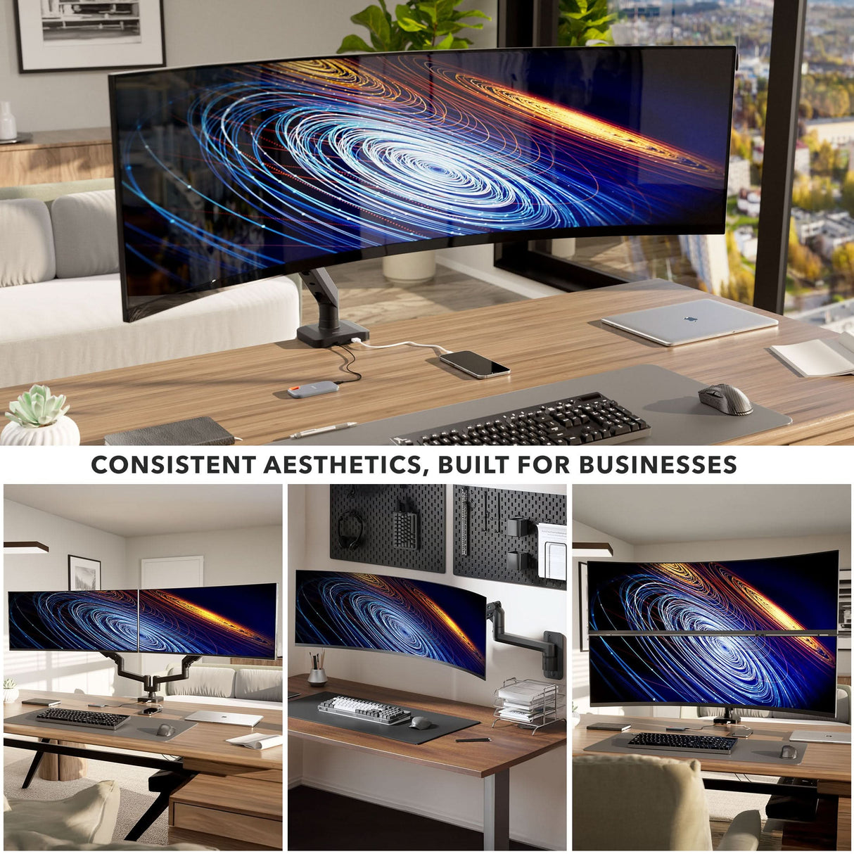 Heavy-Duty Monitor Mount with Gas Spring Arm A modern office setup features dual curved monitors mounted on the Mount-It! Heavy-Duty Monitor Mount with Gas Spring Arm, displayed from various angles on tidy wooden desks with laptops and accessories near large windows.