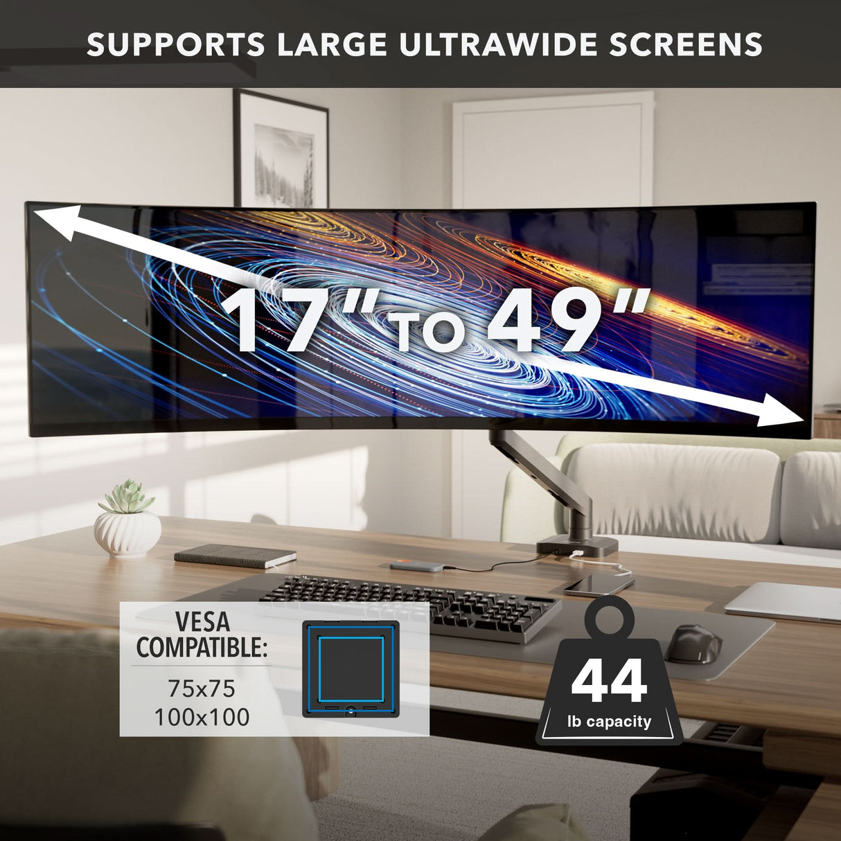 Heavy-Duty Monitor Mount with Gas Spring Arm The Mount-It! Heavy-Duty Monitor Mount with Gas Spring Arm is shown holding a large curved ultrawide display, supporting 17-49" screens, VESA 75x75/100x100, up to 44 lbs, and featuring built-in cable management.