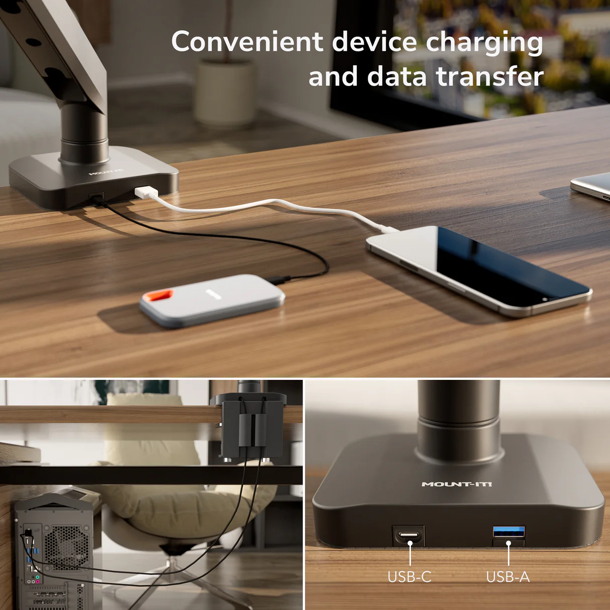 The Mount-It! Dual Monitor Mount with Gas Spring Arm and Crossbar features excellent cable management, keeping your devices powered and connected. Close-up views highlight its convenience for charging and data transfer right at your desk.