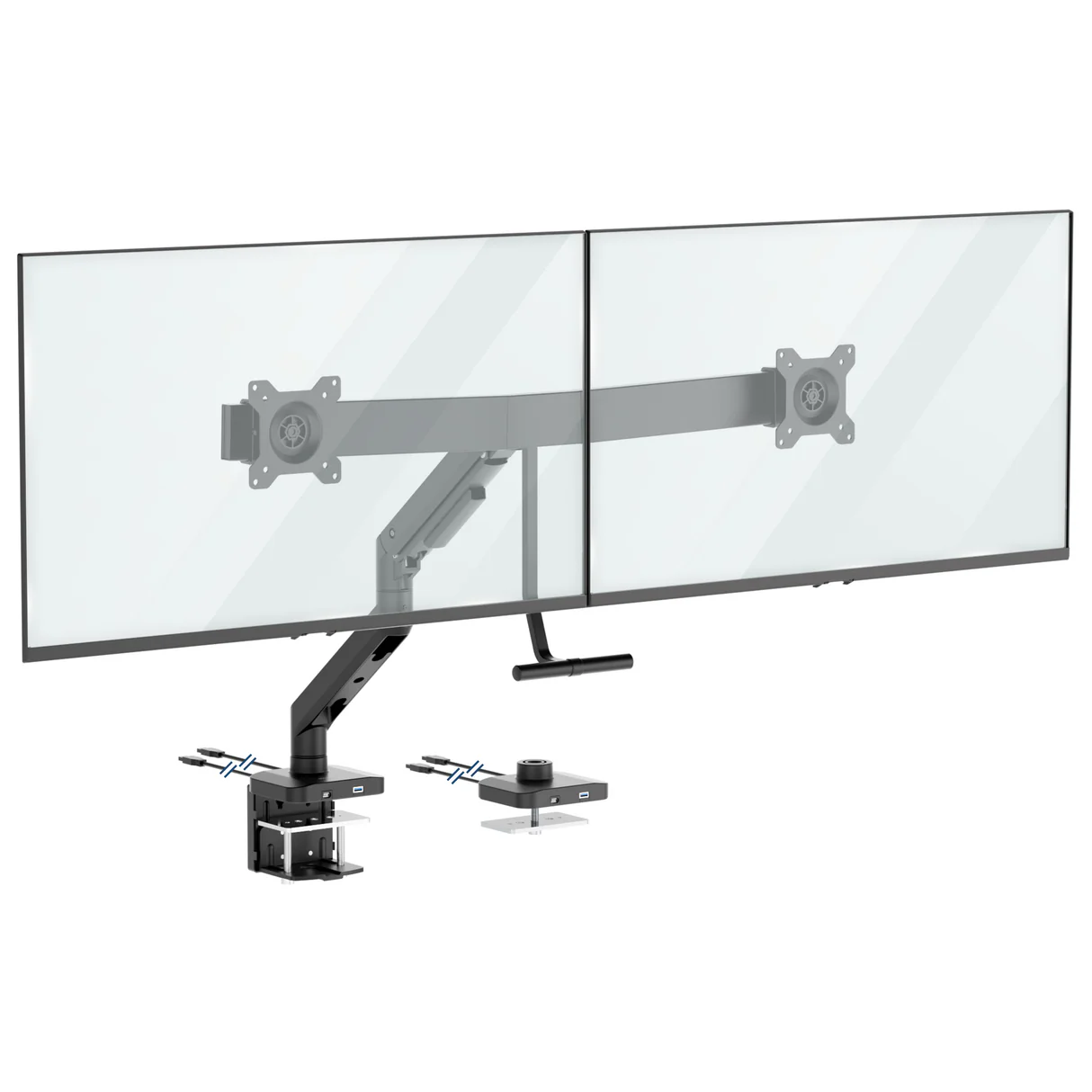 The Mount-It! Dual Monitor Mount with Gas Spring Arm and Crossbar in black securely clamps to your desk, supporting two large flat-screen monitors side by side for a tidy, adjustable dual monitor setup.