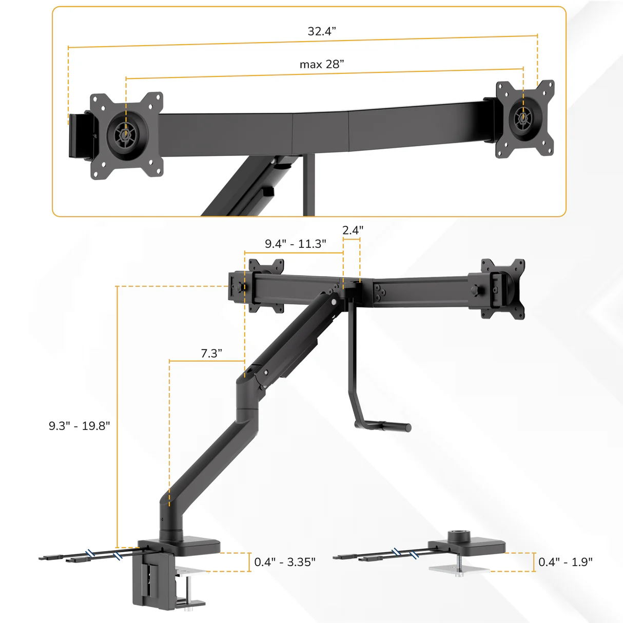 Diagram of the Mount-It! Dual Monitor Mount with Gas Spring Arm and Crossbar for dual monitors, showing cable management, rotation points, clamp base, and dimensions in inches for height, depth, and max width of 32.4 inches.