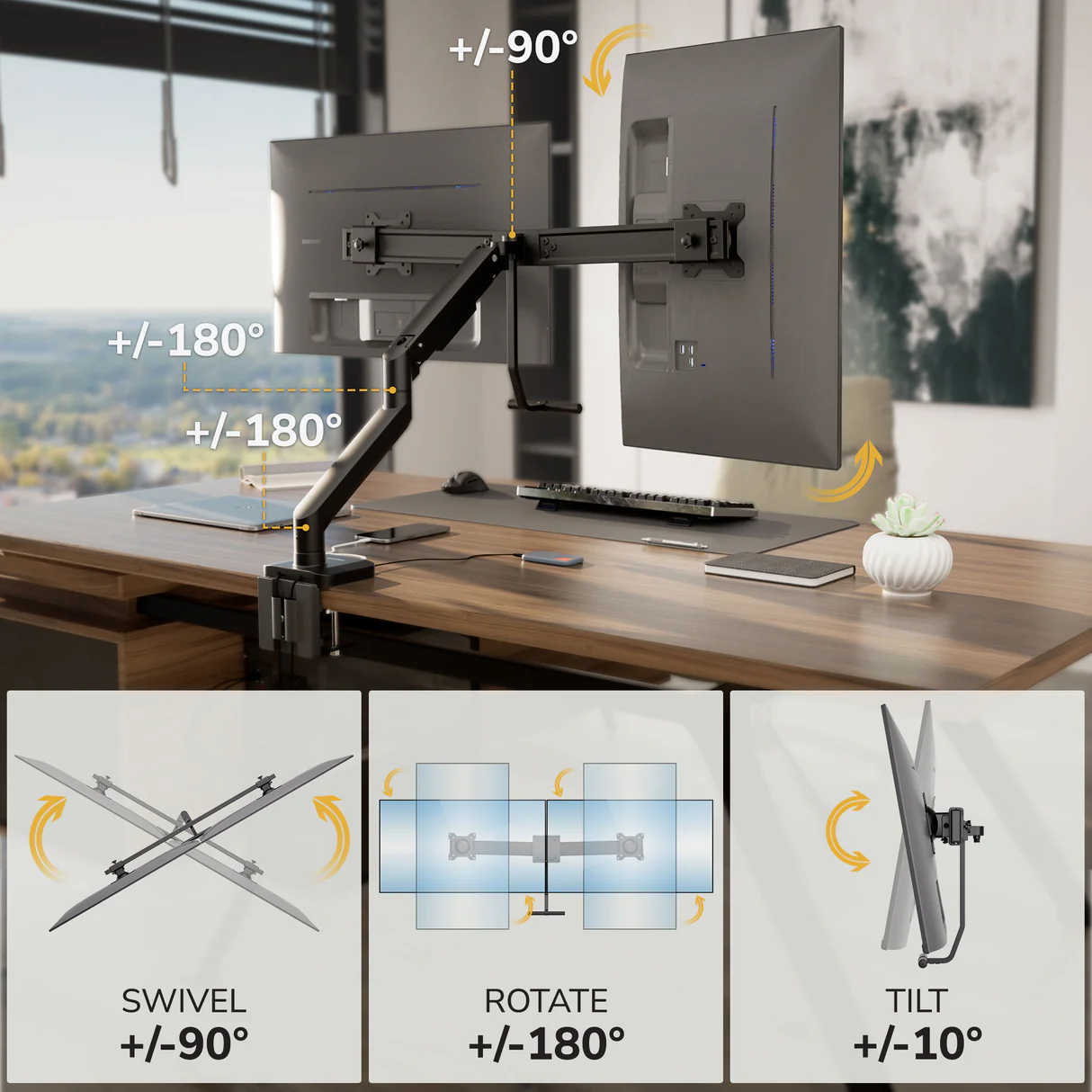 The Mount-It! Dual Monitor Mount with Gas Spring Arm and Crossbar is desk-mounted, holding two monitors in a modern setup. Arrows indicate +/-90° swivel, +/-180° rotation, +/-10° tilt, and integrated cable management amid stylish office decor.