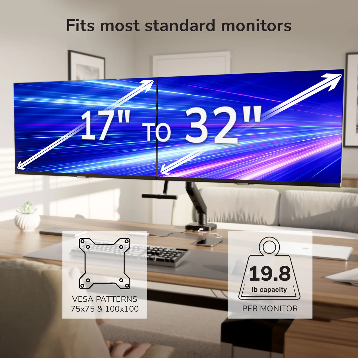 The Mount-It! Dual Monitor Mount with Gas Spring Arm and Crossbar fits most 17–32" monitors (max 19.8 lbs each), supports VESA 75x75 & 100x100, and features an adjustable arm for optimal viewing.