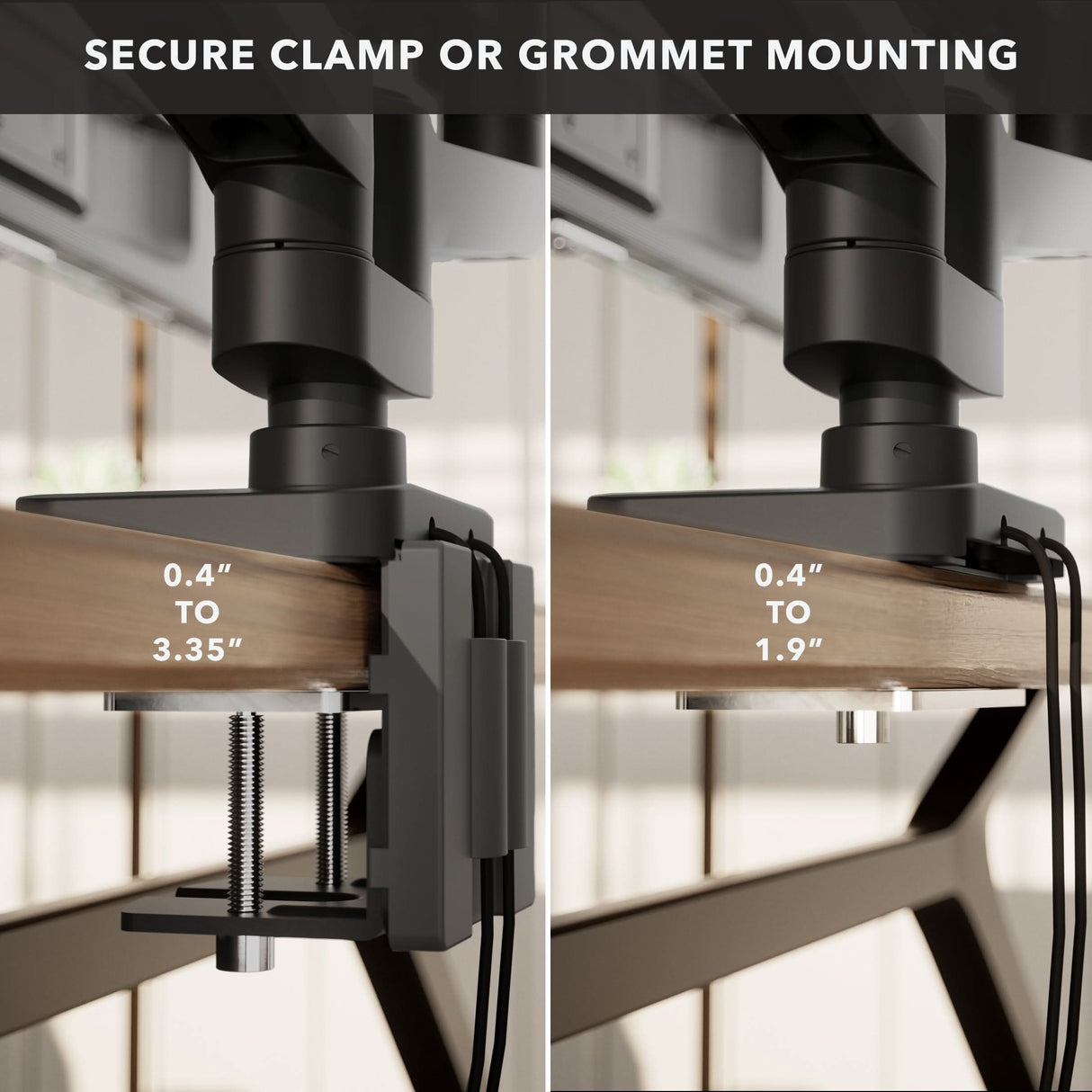 Heavy-Duty Dual Monitor Mount with Gas Spring Arms Side-by-side comparison of clamp (fits 0.4–3.35") and grommet (fits 0.4–1.9") mounting for the Mount-It! Heavy-Duty Dual Monitor Mount with Gas Spring Arms—perfect for ergonomic setups on wooden desks.