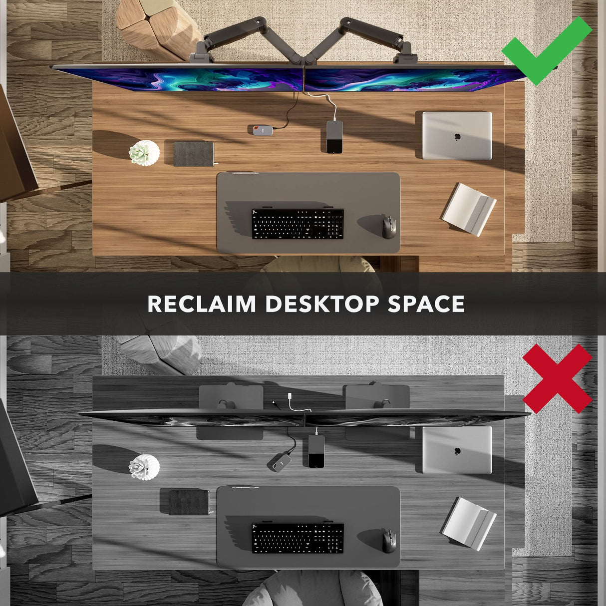 Heavy-Duty Dual Monitor Mount with Gas Spring Arms Top-down view of two desks: the top desk is tidy with the Mount-It! Heavy-Duty Dual Monitor Mount with Gas Spring Arms and a green check mark; the bottom desk is cluttered with monitors on stands and a red X. Text reads "Reclaim Desktop Space.