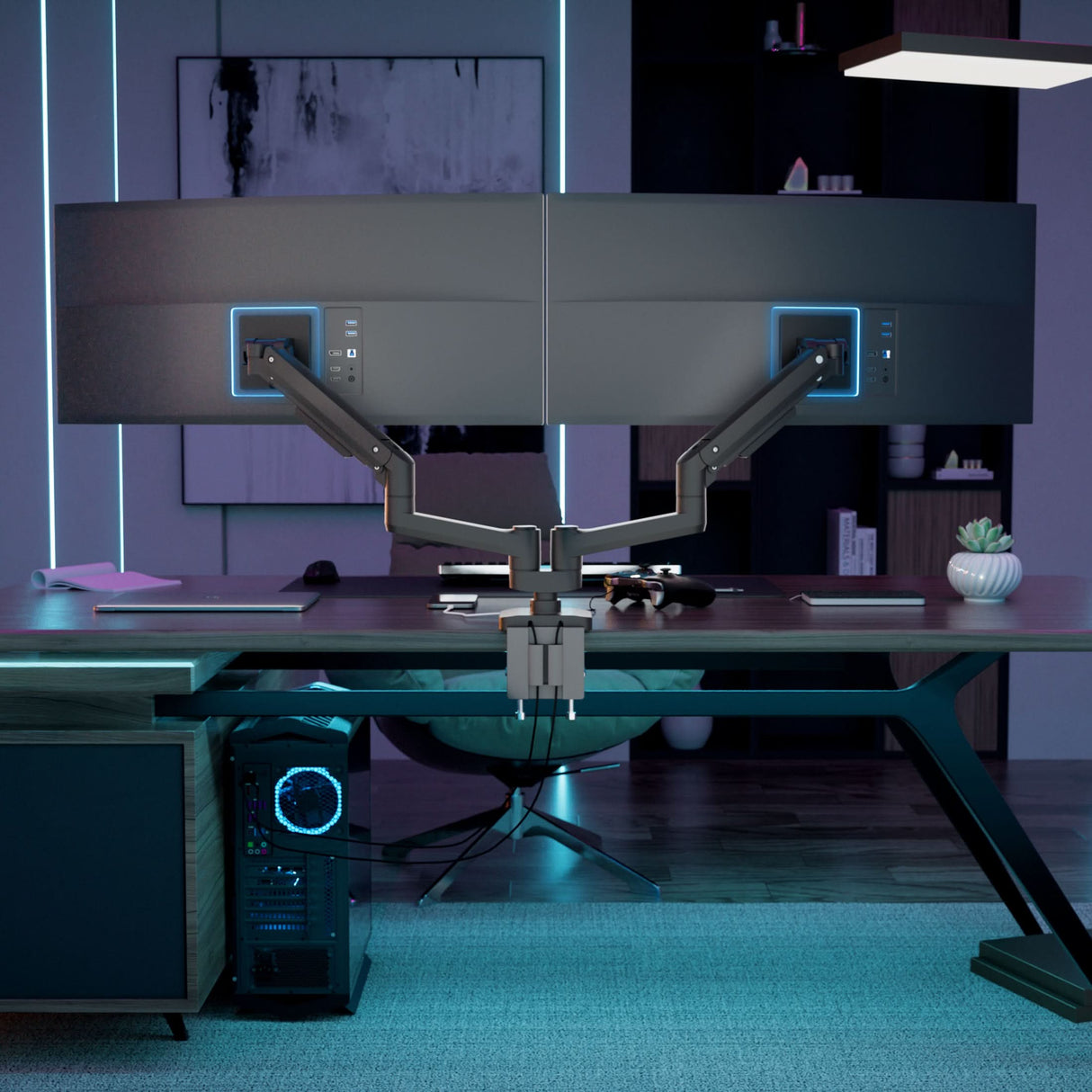 Heavy-Duty Dual Monitor Mount with Gas Spring Arms A stylish, dimly lit office features the Mount-It! Heavy-Duty Dual Monitor Mount with Gas Spring Arms holding two large curved screens, complemented by a sleek keyboard and a desktop computer with striking blue lighting.