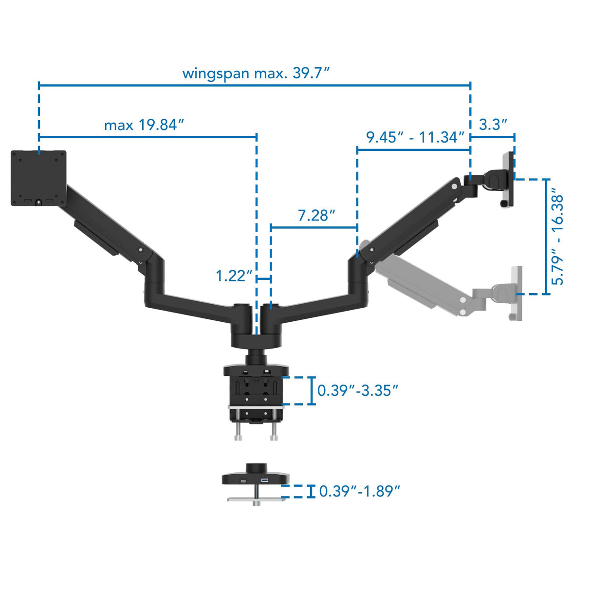 Heavy-Duty Dual Monitor Mount with Gas Spring Arms Diagram of the Mount-It! Heavy-Duty Dual Monitor Mount with Gas Spring Arms, featuring labeled measurements: a 39.7-inch maximum wingspan and adjustable arms/clamp dimensions, all marked with blue dashed lines for ergonomic desk setup.