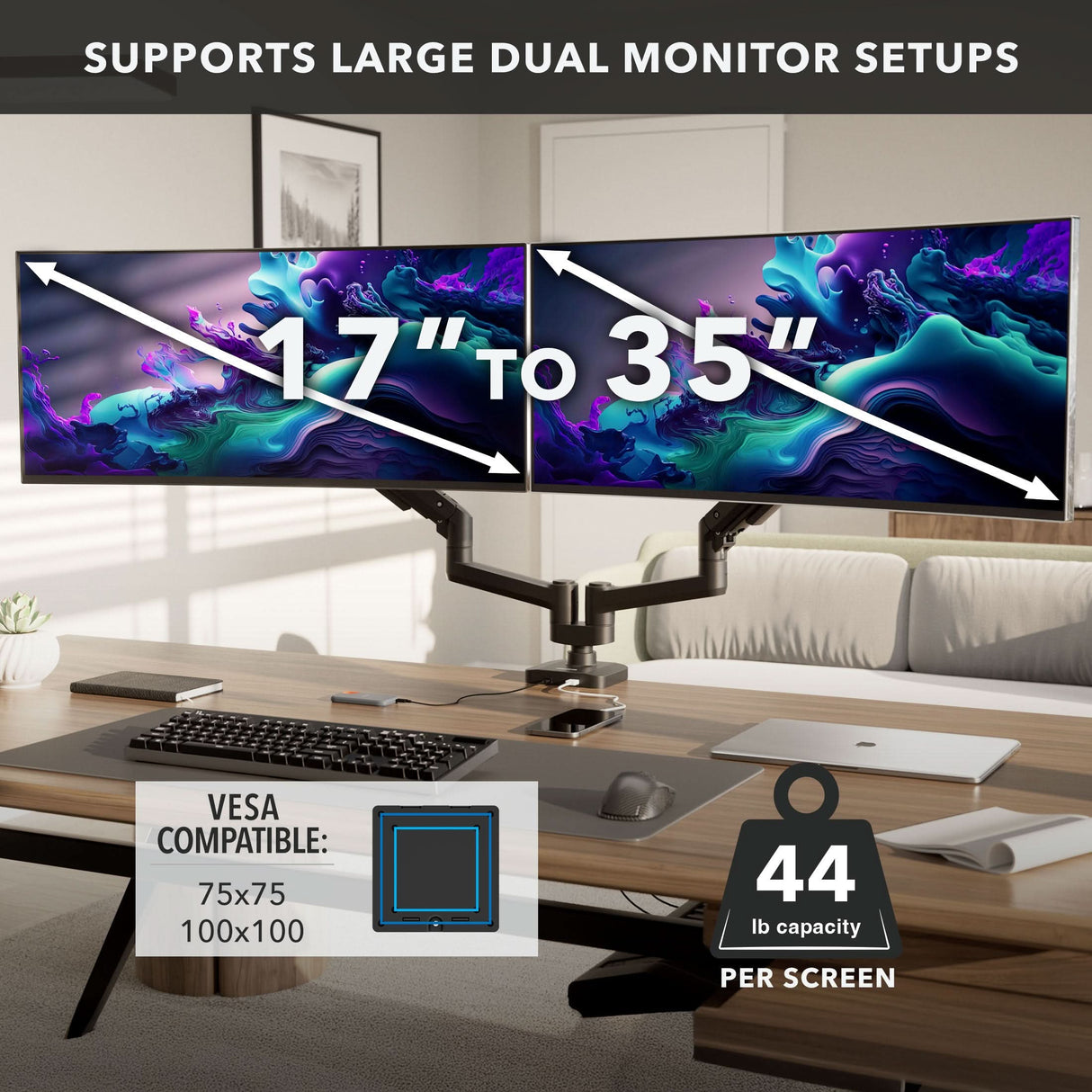 Heavy-Duty Dual Monitor Mount with Gas Spring Arms The Mount-It! Heavy-Duty Dual Monitor Mount with Gas Spring Arms supports two 17–35" monitors (up to 44 lbs each), features VESA 75x75 and 100x100 compatibility, and is ideal for ergonomic USB-C monitor arm setups.