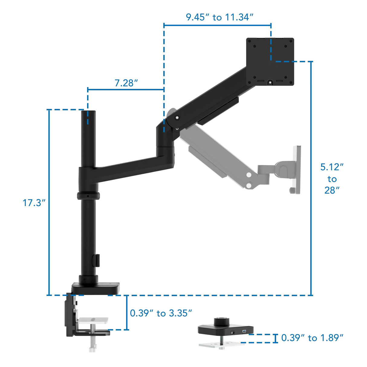 The Mount-It! Heavy-Duty Monitor Mount with Pole & Gas Spring Arm features labeled dimensions for arm length, height range, clamp sizes, extension joints, and a secure plate to attach your monitor to any desk.