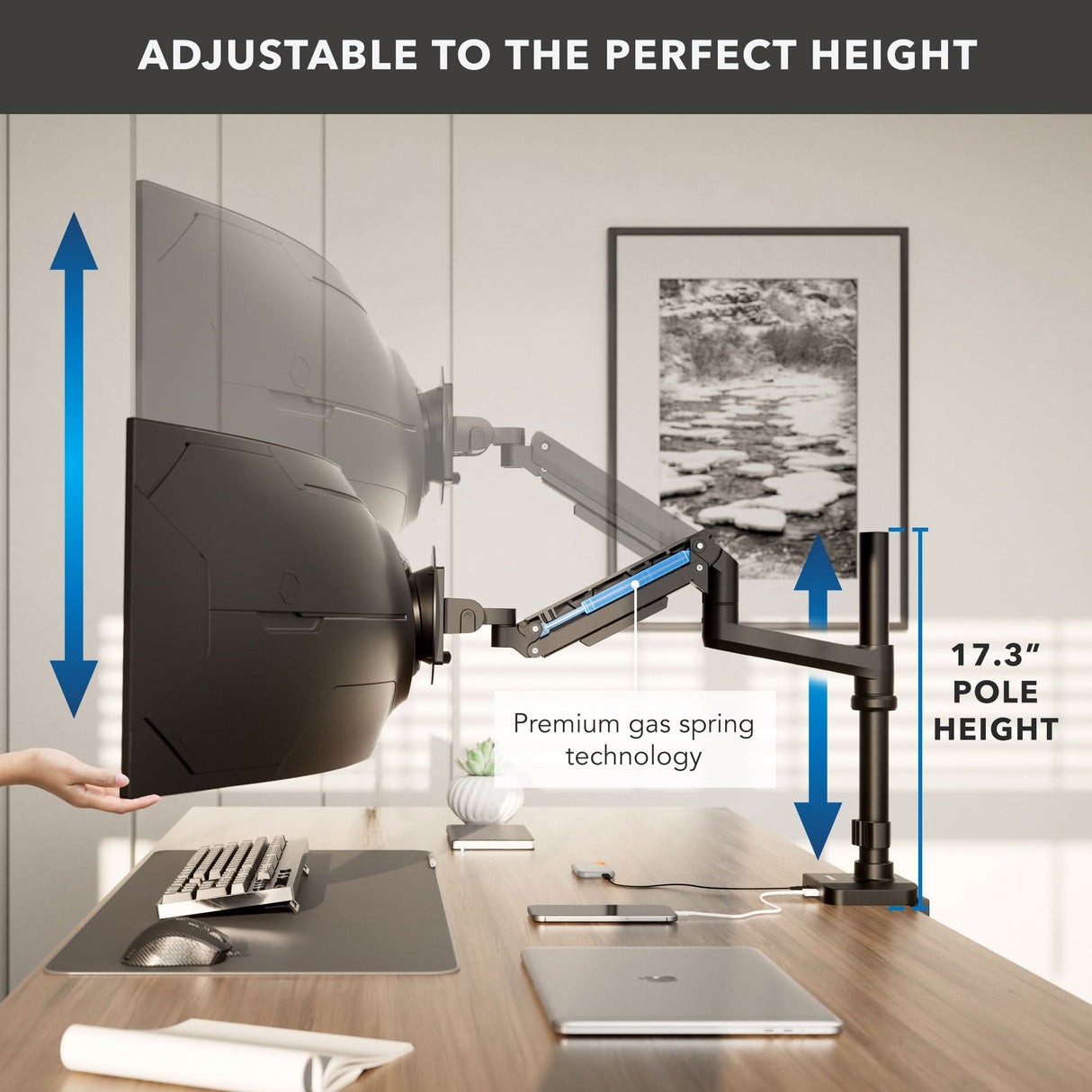 The Mount-It! Heavy-Duty Monitor Mount with Pole & Gas Spring Arm holds two monitors on a desk, features a 17.3-inch pole height, premium gas spring technology, and offers full motion adjustability for optimal viewing.