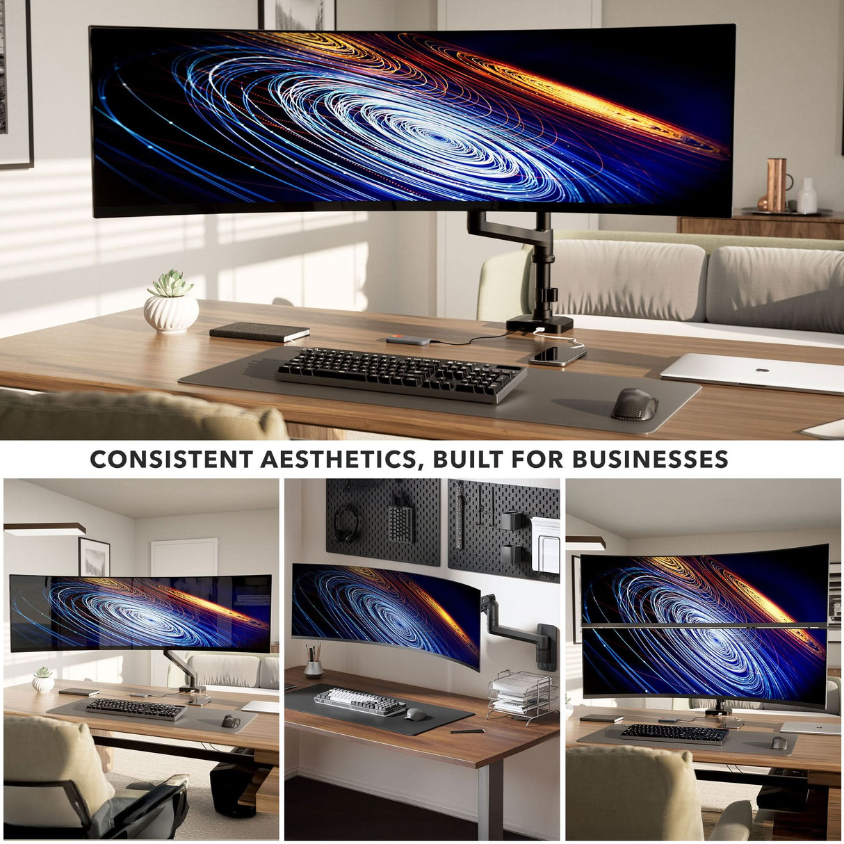 A modern office setup features the Mount-It! Heavy-Duty Monitor Mount with Pole & Gas Spring Arm supporting a large curved display over a wooden desk with accessories. Text: “Consistent Aesthetics, Built for Businesses.”.