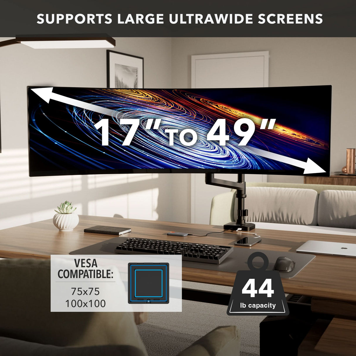 The Mount-It! Heavy-Duty Monitor Mount with Pole & Gas Spring Arm supports 17–49" screens, is VESA compatible (75x75, 100x100), and holds up to 44 lbs—perfect for large curved ultrawide monitors above your desk.