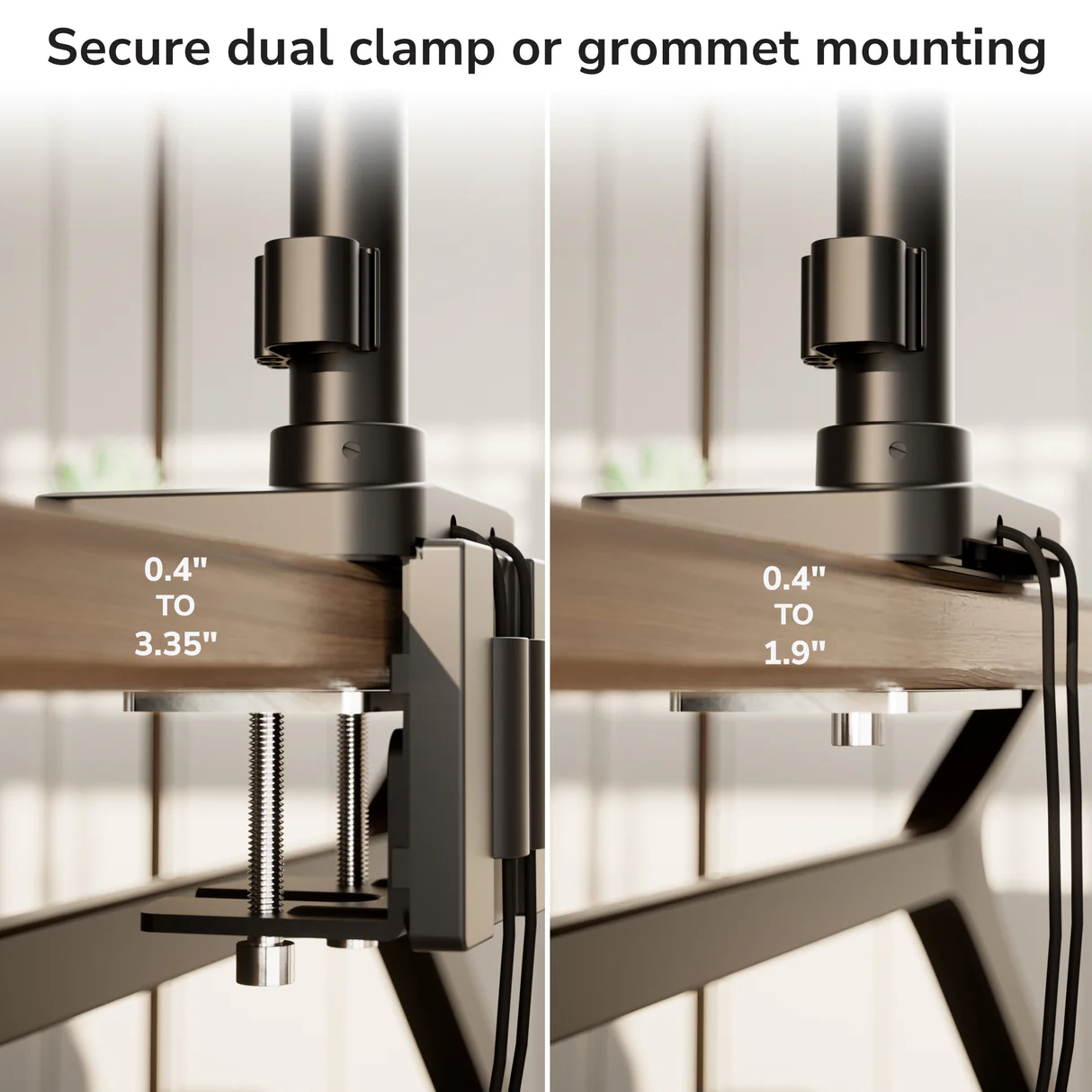 Side-by-side visual of the Mount-It! Dual Monitor Mount with Pole and Crossbar: clamp mount on left and grommet mount on right, both securing to desks (thickness ranges labeled); caption reads "Secure dual clamp or grommet mounting above.