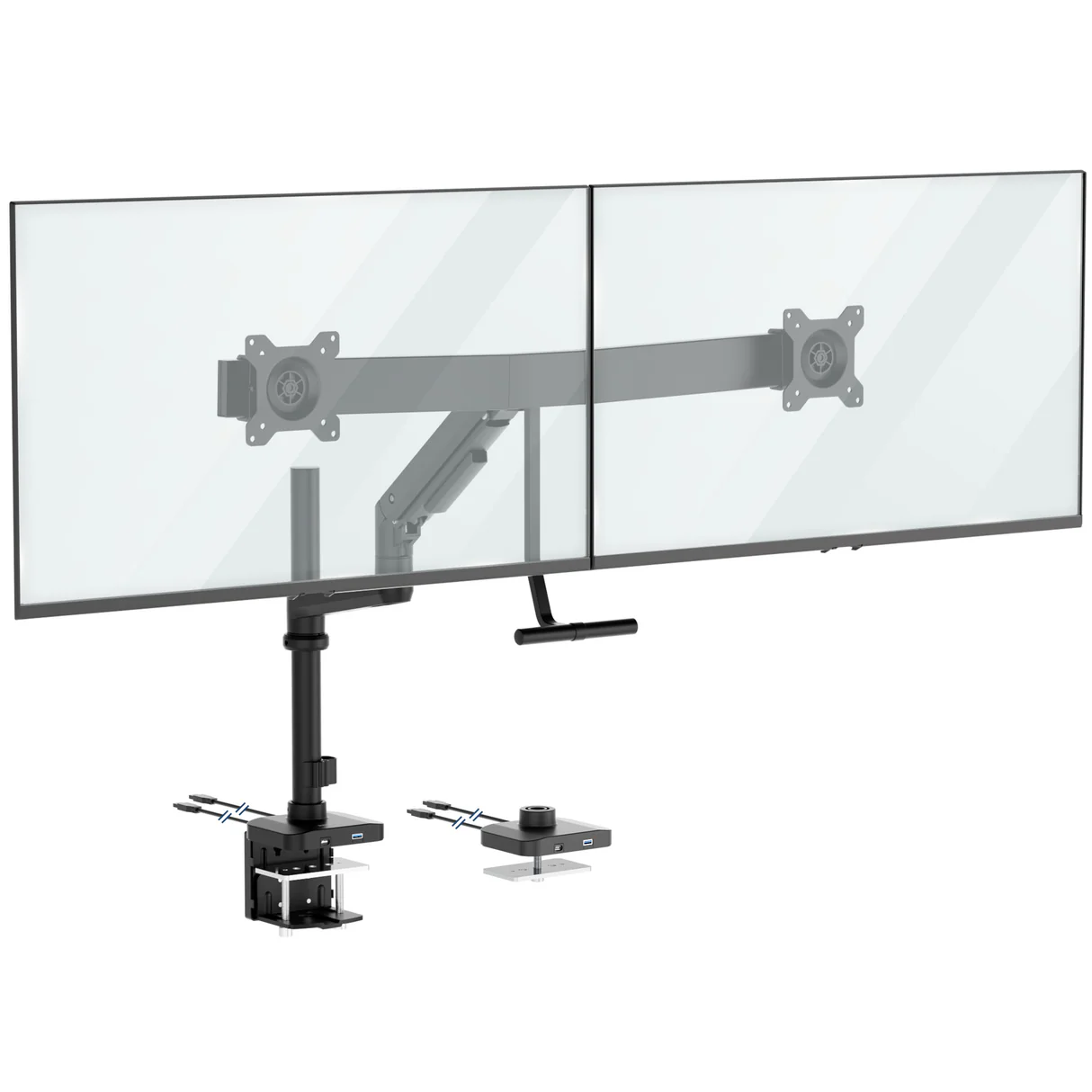 The Mount-It! Dual Monitor Mount with Pole and Crossbar in black supports two monitors side by side. It attaches securely to your desk with a clamp, and installation tools are included.