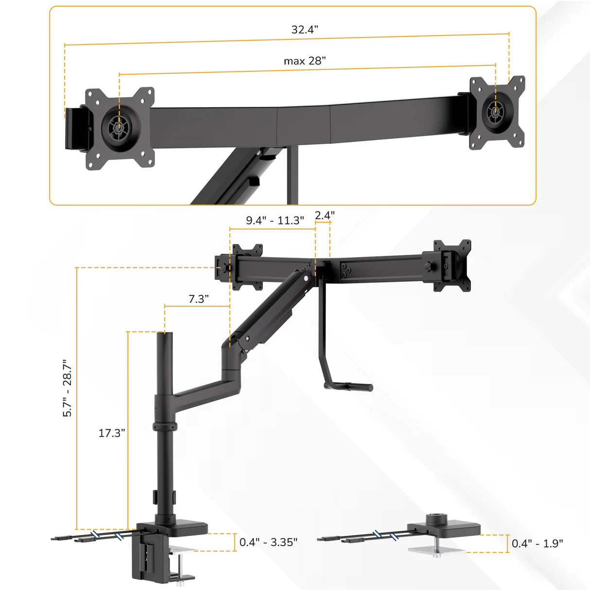 Diagram of the Mount-It! Dual Monitor Mount with Pole and Crossbar, featuring labeled measurements: max width 32.4", arm extension, height adjustments, and desk clamp size—perfect for an ergonomic workstation.
