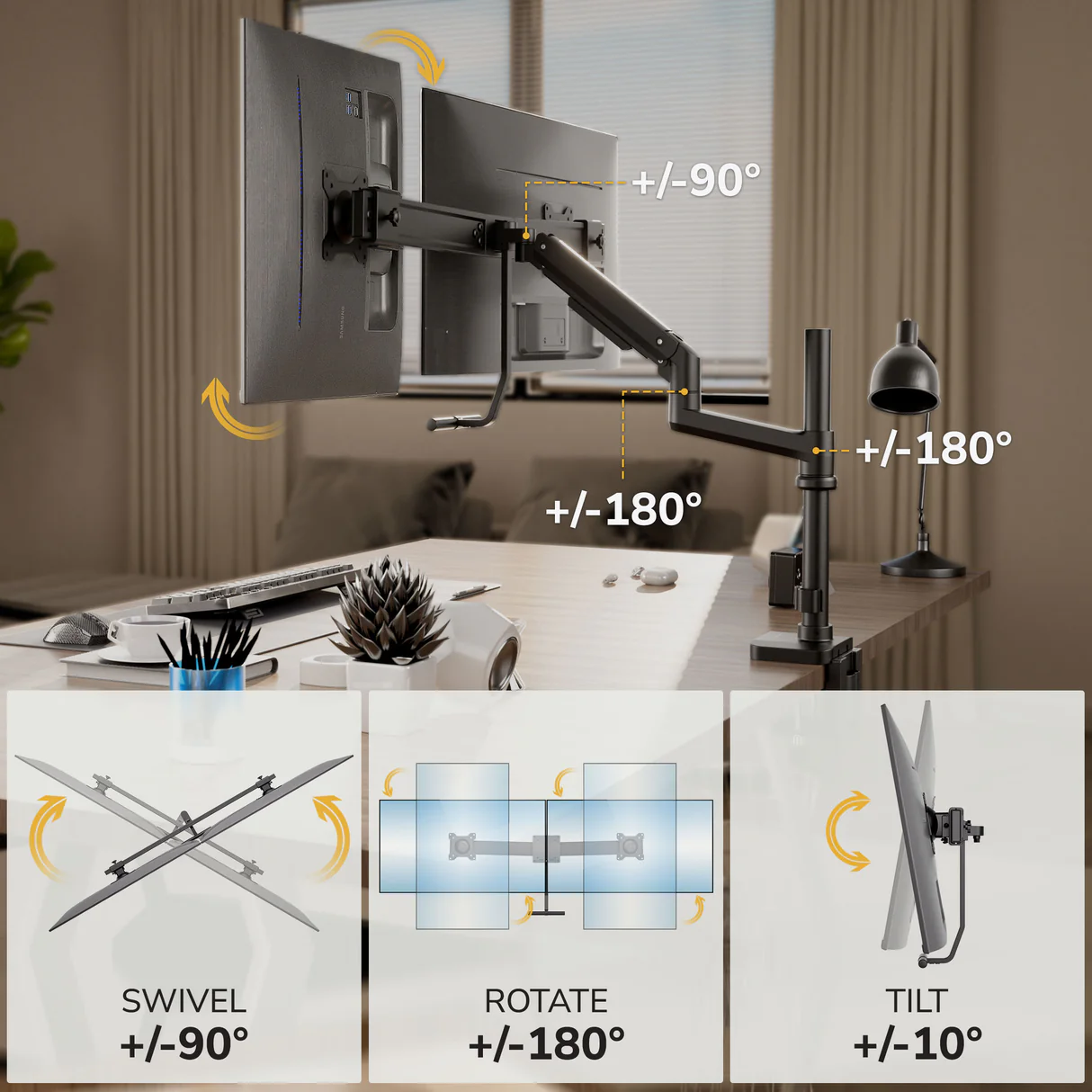 The Mount-It! Dual Monitor Mount with Pole and Crossbar is set up on a modern office desk for ergonomic use. Arrows and labels show arms swivel ±90°, rotate ±180°, and tilt ±10°, with close-up icons illustrating each movement.