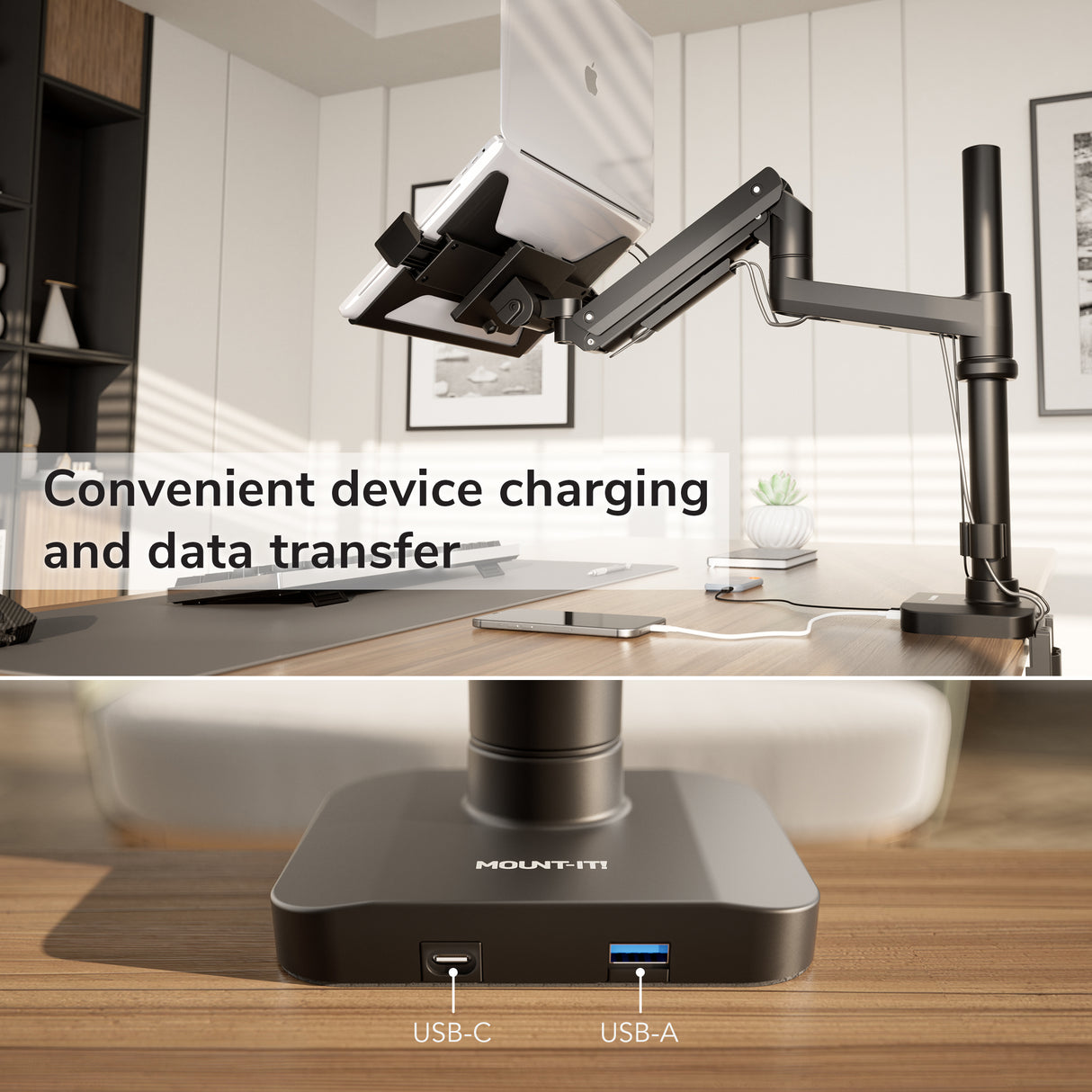 The Mount-It! Laptop Mount with Pole and Gas Spring Arm securely holds a tablet above a desk in a modern office. Inset highlights the base's USB-C and USB-A ports for convenient charging and data transfer.