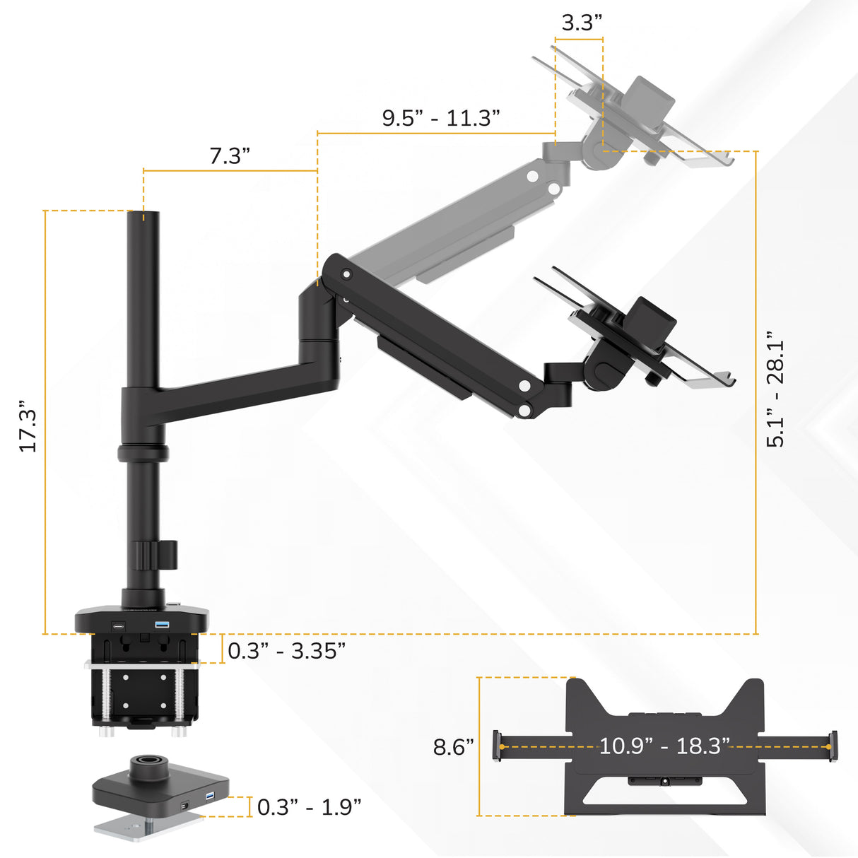 The Mount-It! Laptop Mount with Pole and Gas Spring Arm features a 17.3" pole height, 9.5-11.3" extension arm, 0.3-3.35" base width, 3.3" monitor plate, and 10.9-18.3" VESA mount width—ideal for ergonomic setup.