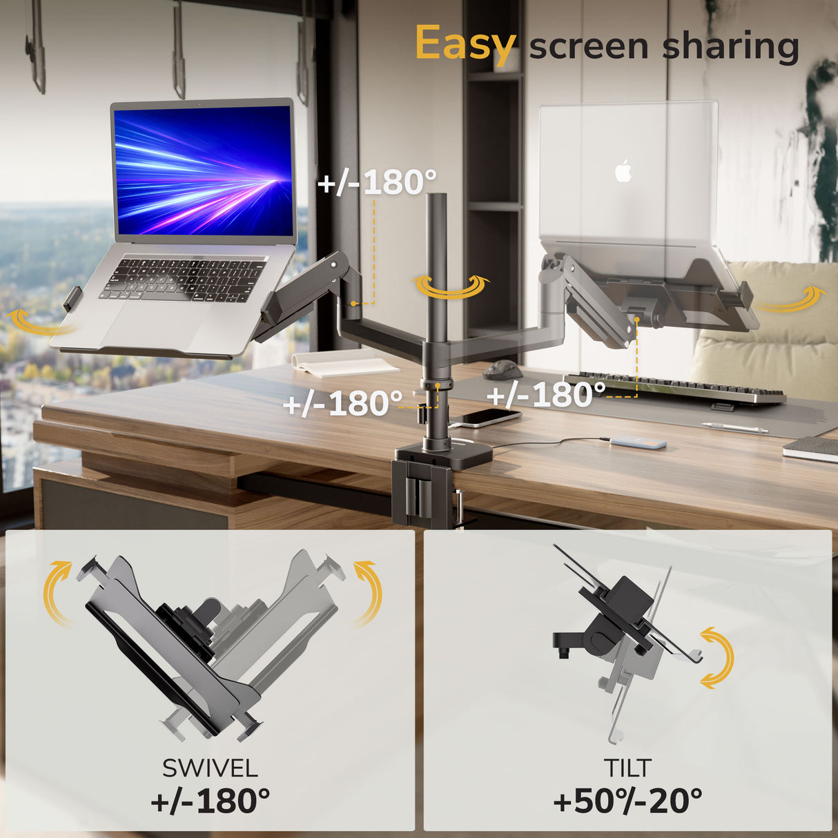 The Mount-It! Laptop Mount with Pole and Gas Spring Arm securely holds a laptop and monitor, each adjustable 180° for rotation, swivel, and -20° to 50° tilt—ideal for ergonomic office use and effortless screen sharing.