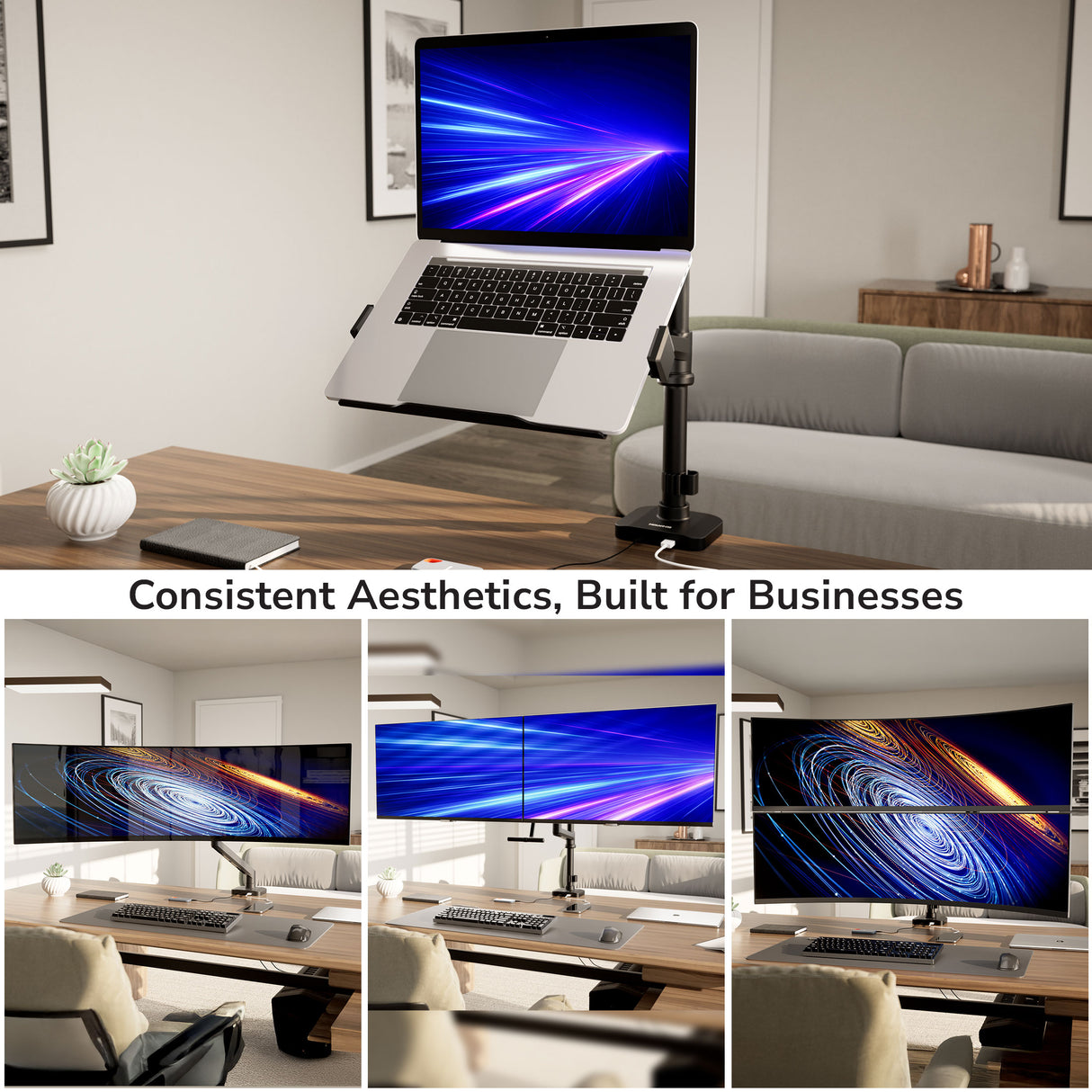 A modern office setup showcases a laptop on the Mount-It! Laptop Mount with Pole and Gas Spring Arm above a desk, alongside three monitors displaying abstract blue and orange swirls, captioned: Consistent Aesthetics, Built for Businesses.