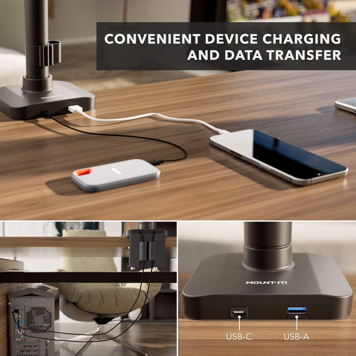 Heavy-Duty Dual Stacking Monitor Mount with Pole & Gas Spring Arms The Mount-It! Heavy-Duty Dual Stacking Monitor Mount with Pole & Gas Spring Arms features built-in USB-C and USB-A ports for easy charging and data transfer, shown powering a smartphone and external drive in a vertical workspace.