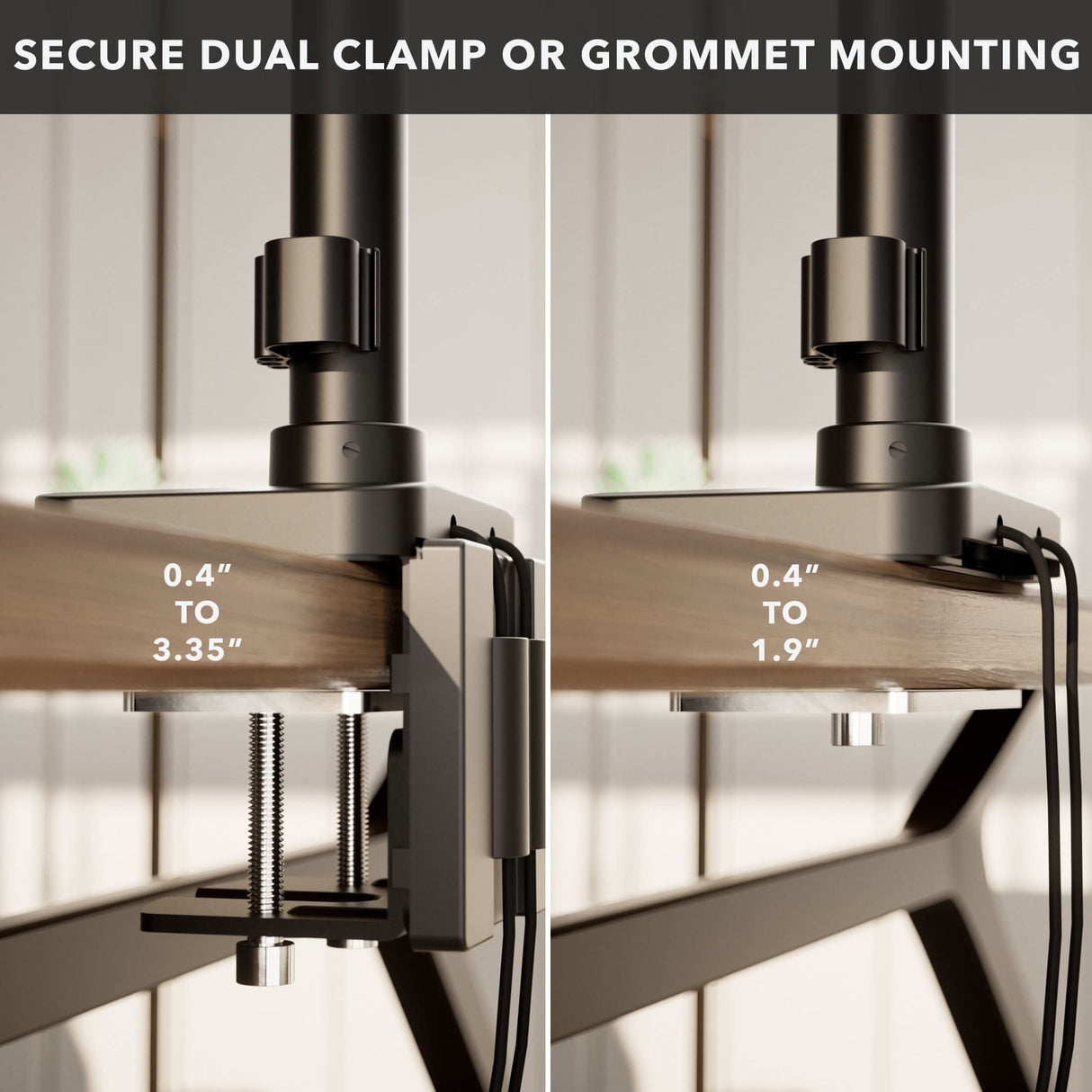 Heavy-Duty Dual Stacking Monitor Mount with Pole & Gas Spring Arms Side-by-side images display the Mount-It! Heavy-Duty Dual Stacking Monitor Mount with Pole & Gas Spring Arms secured to a desk by clamp (0.4–3.35") or grommet (0.4–1.9"), ensuring stable dual mounting and optimal use of vertical space.
